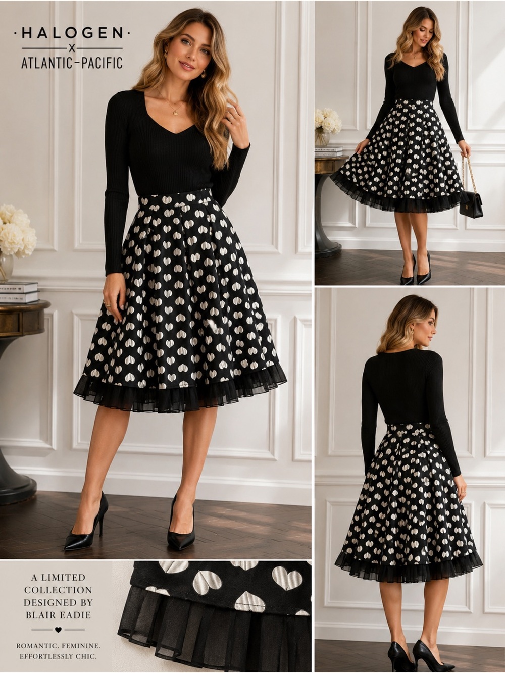 Halogen x Atlantic-Pacific Heart Jacquard Pleated A-Line Skirt L Black Ivory A4
